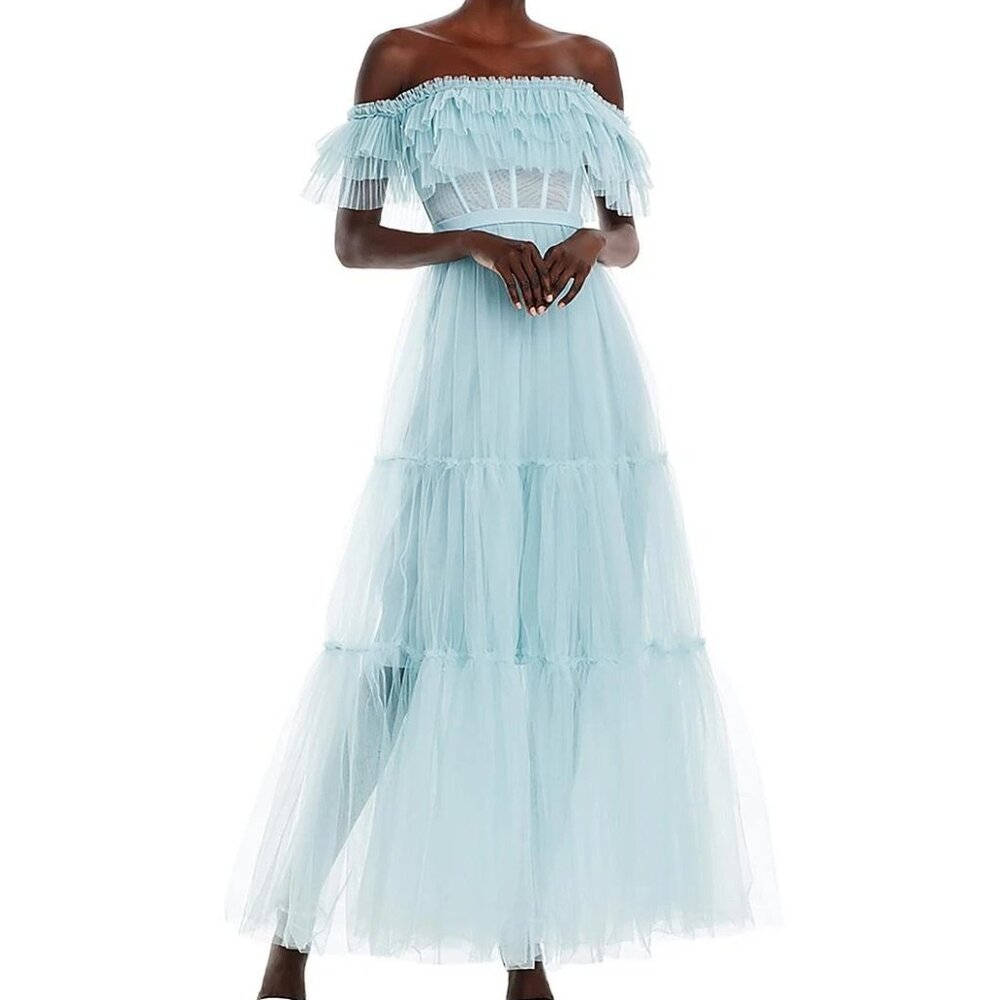 BCBGMaxAzria Light Blue Off-Shoulder Tulle Tiered Backless Gown